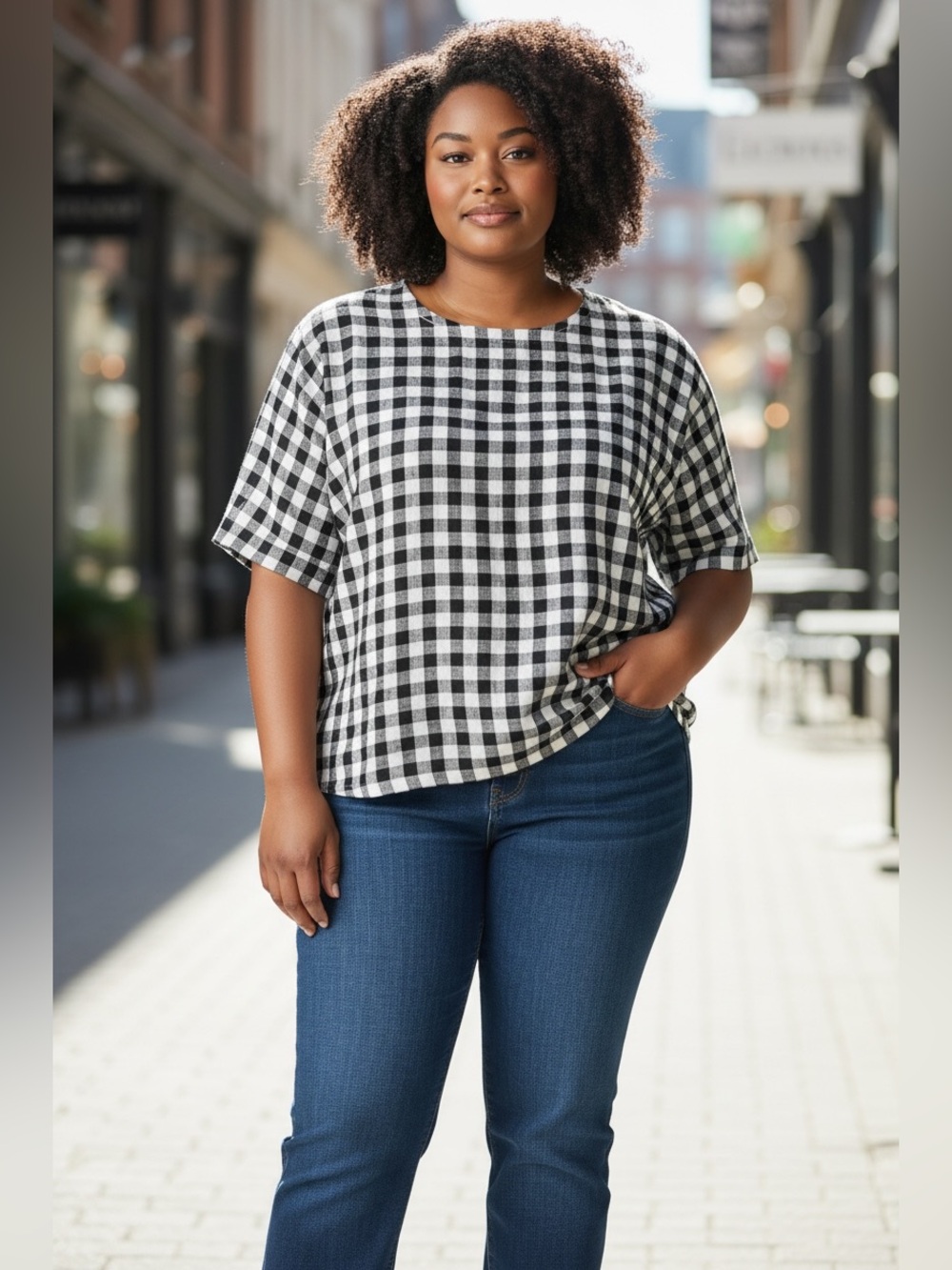 Eileen Fisher Black & White Gingham Short-Sleeve Linen Top Approx XL Lagenlook